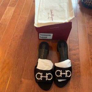 Salvatore Ferragamo Satin and Crystal Gancine Heels